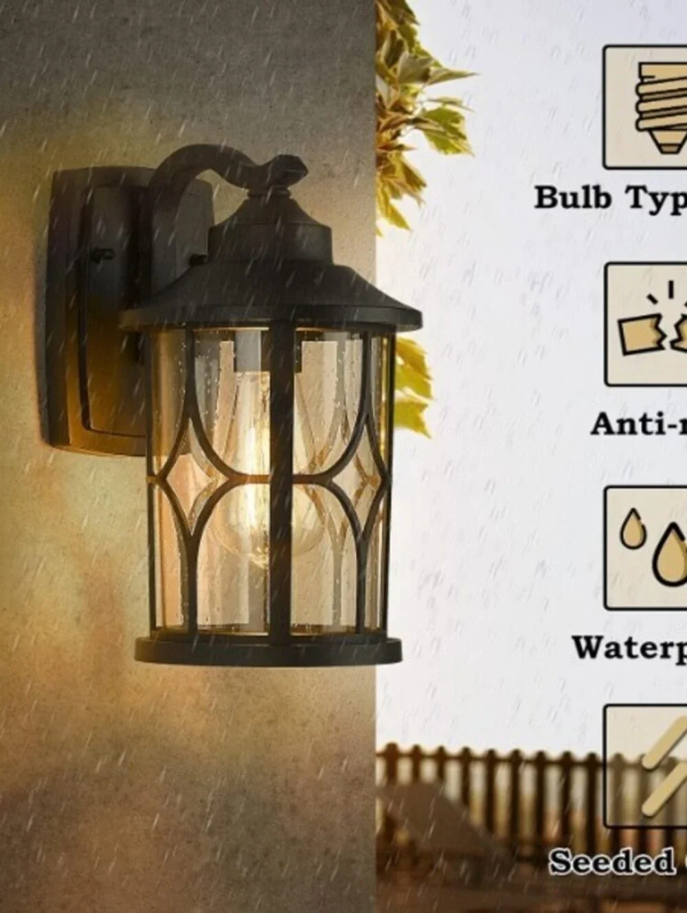 2 Pack Outdoor Seeded Glass Porch Lights-Black